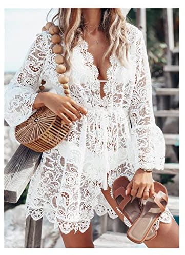 ZPFDSG Femme Cache Maillot De Bain Été Dentelle Femmes Sexy Crochet Bikini Couvrir Floral Blanc Noir Maillots de Bain Costume de Plage été Robe Hauts(Color:White,Size:L)