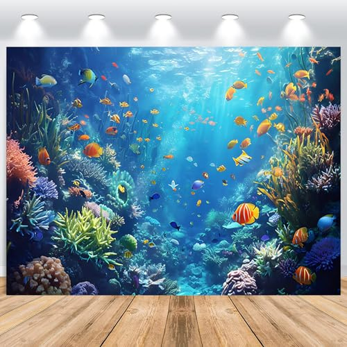 ASDCXZ Unter dem Meer Hintergrund 3x2m, Unterwasser Blau Ozeanwelt Bunt Fisch Korallen Fotografie Hintergrund Kinder Geburtstag Baby Dusche Party Banner Kuchen Tischdeko Fotokabine Requisiten