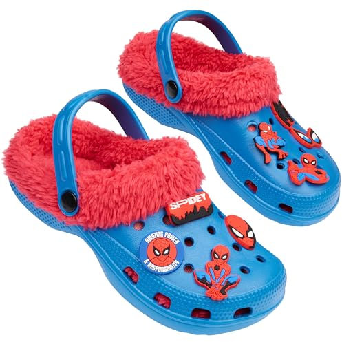 Marvel Spiderman Hausschuhe Kinder Jungen, Winter Clogs Jungen mit Anti-Rutsch-Sohle - Geschenke für Jungen (Blau/Rot Spiderman, 26/27 EU)