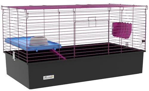 PawHut Guinea Pig Cage Chinchillas Rabbit Small Animal Cage with Ramp, Dish, Water Bottle, 99 x 52 x 53cm, Black