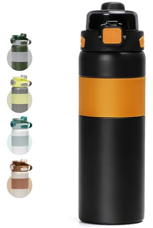 pluseight Insulated Water Bottle 800ml (27oz) with Straw and Lid Stainless Steel Sports Water Bottles, Leak Proof, Flip Lid, Carry Handle for Gym, Travel, Sports (Black)