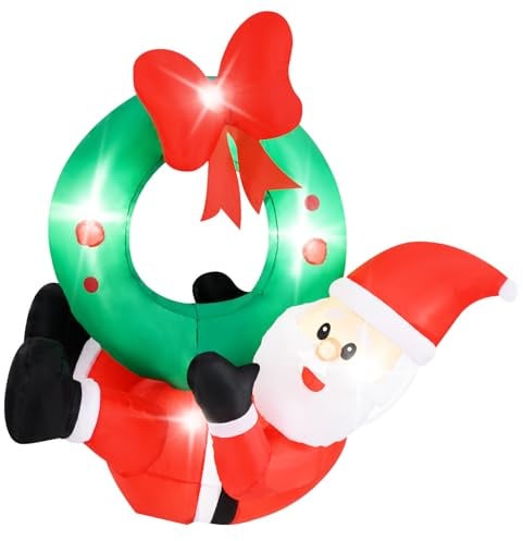 COSTWAY Couronne Gonflable avec Père Noël de 120 cm | Couronne Illuminé avec Nœud Rouge 5 Lumières LED, Décoration de Fenêtre avec 2 Cordes de Suspension pour Maison Cour