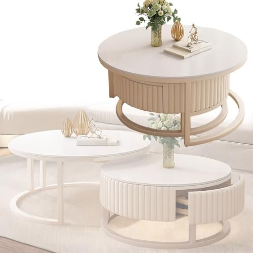 MDXVRKYBC Runder Couchtisch 2er Set Weiß Rund Wohnzimmertisch Mit Stauraum, Metallgestell Und Tischplatte Aus Schiefer, Wohnzimmer Tisch Rund Sofatisch Kaffeetisch Für Schlafzimmer
