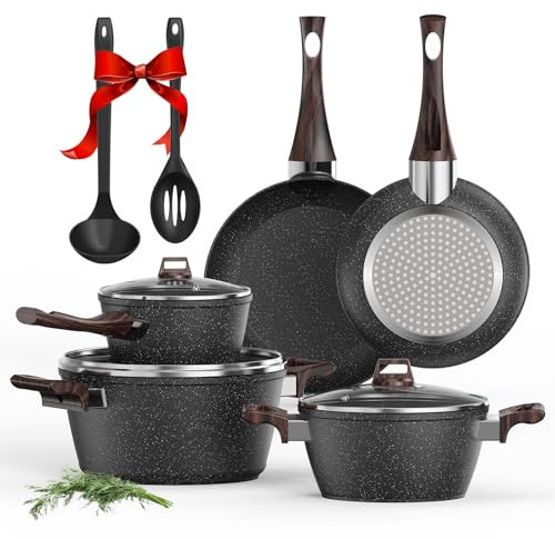 Batterie de Cuisine 10Pcs, casseroles et poêles antiadhésives en granit noir