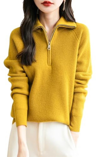 OWEIEYEU Damen Rollkragenpullover mit Viertelreißverschluss, 100 % Merinowolle, Reißverschluss, langärmelig, Strickpullover, maple, XL