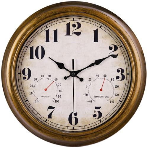 45MinST 13-Inch Vintage Outdoor Wall Clock with Thermometer and Hygrometer, Waterproof, Large Numbers, Silent, for Indoor and Outside Use,Porch,Garden,Pool(Bronze)