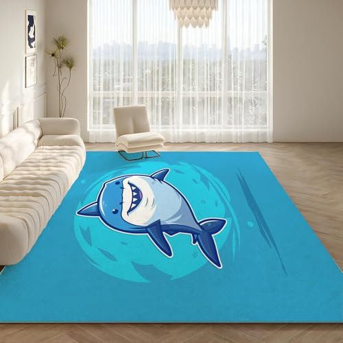 NAWVNMI Waschbarer Teppich Krabbelmatte Babyzimmer Kinder rutschfest Flauschig Teppich Teppich Kinderzimmer Junge Mädchen Kinderteppich, Hai - Hai Blau, 200 x 300 cm