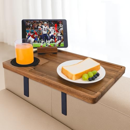 Hitseon Couch Armrest Table, Acacia Wood Sofa Arm Tray with Adjustable Metal Clamp, Sofa TV Tray with Rotating Phone Holder for Snacks Drink Remotes, Include Black Coaster