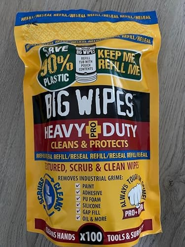 Cleaning Wipes for Silicone, Greases and Building Foams Big Wipes Heavy Pro DUTY Claans & Protects Refill Bag with 100 Wipes