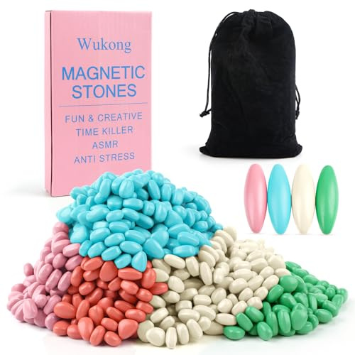 Wukong Hämatit Magnetsteine Bunt – 600 g (ca. 1000 Stück) mit 4 ovalen Magnetsteinen – Anti-Stress-Magnete für Erwachsene, kreatives Fidget-Spielzeug gegen Stress & ADHS