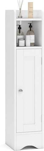 COSTWAY Slim Bathroom Floor Cabinet, Narrow Bathroom Storage Unit with Door and 4/5-Tier Shelves, Freestanding Toilet Paper Holder Cupboard Organiser for Small Space (2 Adjustable Shelves, White)
