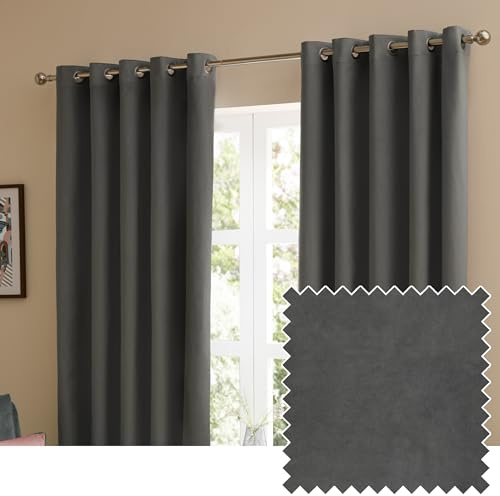 furn. The Ultimate Velvet Blackout Eyelet Curtain Pair – Soft Stylish Light Blocking Thermal Matte Velvet Drapes (Charcoal - 117x183cm)