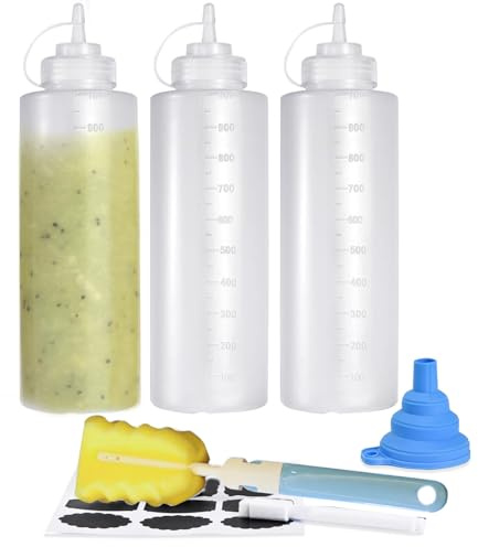 CafullCon 3 Stück Quetschflasche 1000ML, Squeeze Flasche 32oz, Wiederverwendbar Kein Leck groß Saucenflasche mit Bürste und Aufklebern für Ketchup Condiment Pigment Saucen Malen