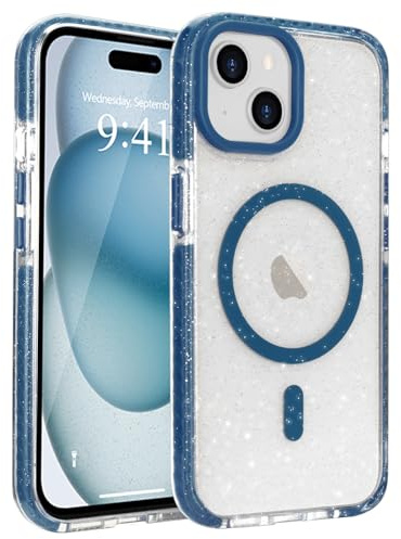 LLZ.COQUE for iPhone 14/13 Bling Case Compatible with Magsafe Blue | Magnetic Lovely Glitter Clear Phone Case for Women Girls, Sparkly Shiny Transparent Protection Shockproof Bumper Cover