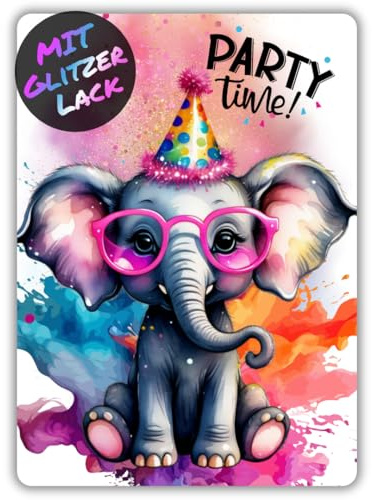 celebr8te 12x Party Elefant Glitzer Einladungskarten - Teenager Kindergeburtstag Jungen & Mädchen - coole Tier Geburtstagseinladungen inkl. Messenger Bild & Urlaubsgutschein