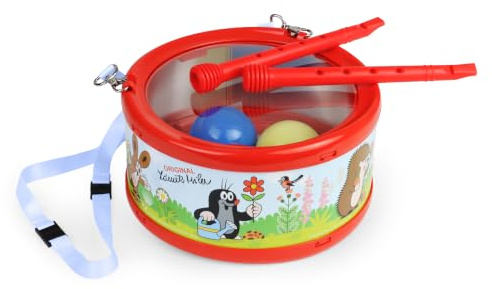 LENA Lustige Trommel Der kleine Maulwurf - Trommel für Kinder mit Rassel-Effekt durch integrierte Bälle, Ø 21cm inkl. 2 Trommelstöcke, Schlagzeug für Kinder ab 3 Jahren
