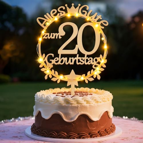 20 Geburtstag Deko, Tortendeko 20. Geburtstag Frau mit LED Cake Topper | Holz Cake Topper 20 Geburtstag Frau, Geburtstagsdeko 20 Geburtstag Frau mit Kronenmotiv, Kuchen Deko für Torten