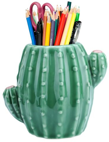 Simaixing Pot à crayons en céramique en forme de cactus - Joli pot à crayons pour bureau - Accessoires de bureau - Décoration de bureau - Organisateur de pinceaux de maquillage (vert)