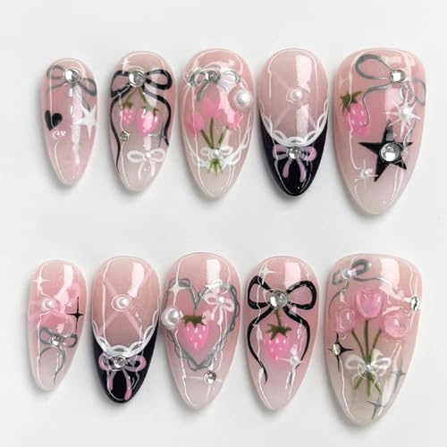 Press on Nails Almond Medium - 30 Pieces Handmade False Nails with Glue - 3D Rhinestones Bow Design Glue on Nails - 15 Sizes,Cute Full Cover Stick on Nails for Women Girls Nails Art Gift