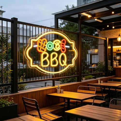 BBQ Neon Sign Yellow LED Neon Signs Art Wall Light Up Signs for Barbecue Restaurant Barbecue Party Outdoor Picnic Food Festival(15.75×8.11)