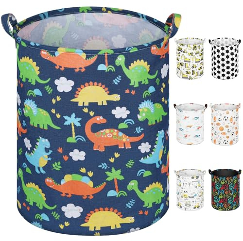 AUAUY Toy Storage Basket, Round Foldable Toys Hamper,40 * 50CM (Dinosaur) | with Handles, Large Waterproof Storage Laundry Hamper, Toy Organizer for Dorm Bathroom Bedroom Living Room Nursery