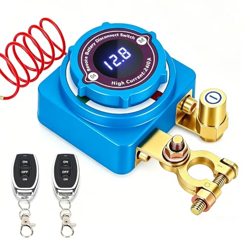 Battery Disconnect Switch, Kill Switch for Car with 2 Remote Controls, 12V/24V Wireless Remote Control Car Isolator Switch, Battery Isolator Switch with Led Voltage Display for Auto,Truck, Boa