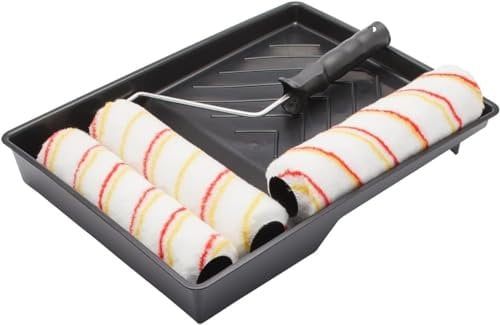 Fit For The Job 5 Piece 9 inch Triple Paint Roller Set for DIY Painting with Emulsion Paints on Walls & Ceilings - Medium Pile Roller Sleeves for Smooth & Semi Smooth Surfaces, with Frame & Tray, 9