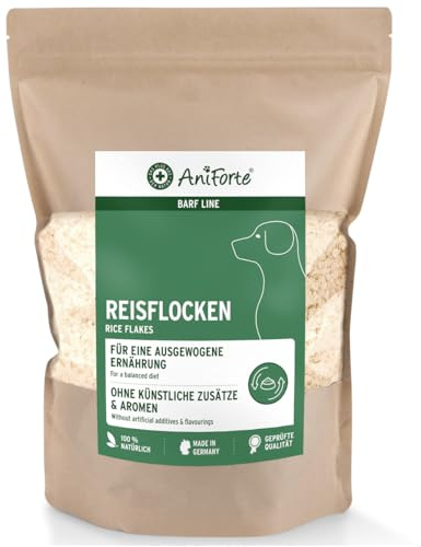AniForte Barf Zusatz Hund Reisflocken 1kg - Naturprodukt, Barf Hundefutter, glutenfrei, Flocken für Hunde ohne künstliche Zusätze, 100% Natur Hundeflocken, Flockenfutter, Reisflocken Hund