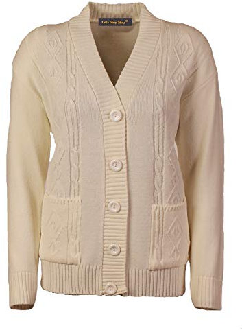 Lets Shop Shop New Classic Womens Cardigan Ladies Sizes 10-20 Cable Knit Long Sleeve Aran Type Cream