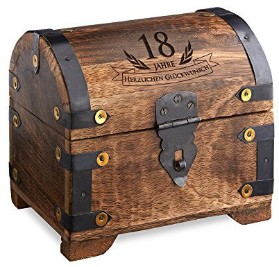 Casa Vivente Schatztruhe zum 18. Geburtstag, Schmuckkästchen mit Gravur, Aufbewahrungsbox aus dunklem Holz, Verpackung für Geldgeschenke