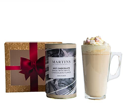 Martin's Chocolatier Hot Chocolate Gift Set | Belgian White Chocolate Flakes with Glass Mug and Marshmallows