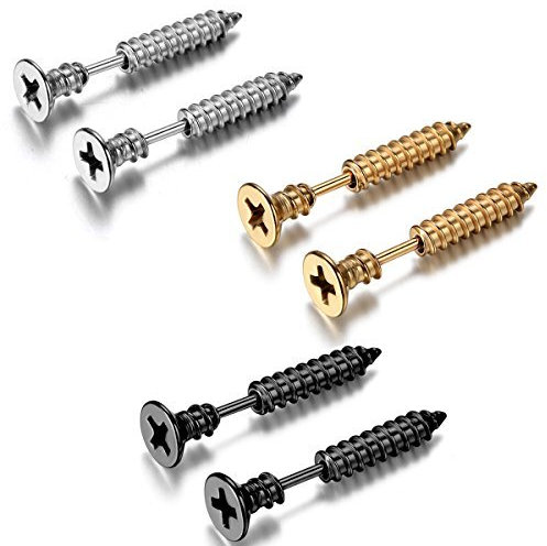 JewelryWe Schmuck 6 Stücks Hip Hop FAKE PLUG Edelstahl OHRRINGE SCHRAUBE Ohrstecker Screw Punk Rock Stil Ohrschmuck, Farbe Schwarz Gold Silber, mit Geschenk Tüte