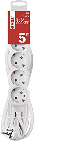 Emos P0525R Cable alargador-Regleta con 5 enchufes, 5 m, 3x1,5 mm2, Blanco, Bloqueo de Seguridad para niños, 250 V, Color