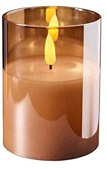 Klocke Dekorationsbedarf Hochwertige & Edle LED Kerze im Glas - Timer - Realistisch Flackernd - Neuartiges Design (Amber, Höhe: 10cm - Ø 7,5cm)
