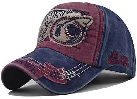 XibeiTrade Baseballmütze mit Hai-Motiv, Vintage-Stil, Baumwolle, Bestickt, für Herren und Damen Gr. M, weinrot