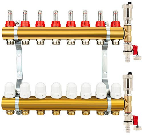 Millto™ Messing Heizkreisverteiler Fußbodenheizung 8 Heizkreise | Verteiler Entlüftungsset Automatische Entlüftung Flowmeter Thermostatventil