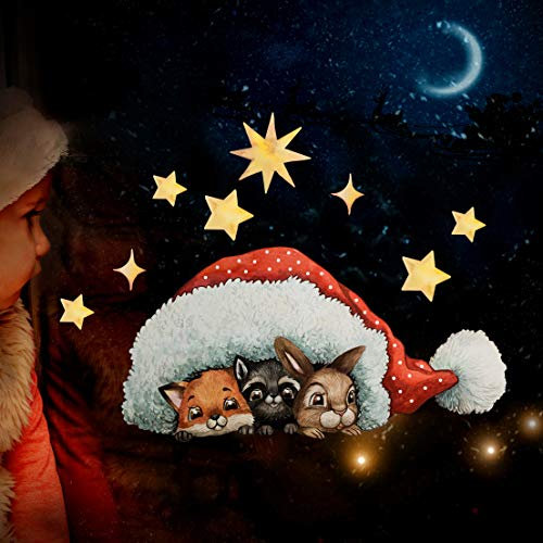 ilka parey wandtattoo-welt Fensterbilder Weihnachten Fensterbild Tiere unter Mütze Sterne wiederverwendbar Fensterdeko Winter Kinder bf84 - ausgewählte Größe: *4. Tiere unter Mütze*
