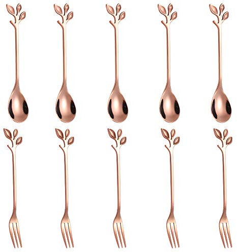 Stainless Steel Rose Gold Leaf Coffee Cake Spoon Fork--AnSaw 10pcs 4.7‘’ Creative Tableware Dessert Spoons, Stirring, Mixing, Sugar, Stir, Ice Cream,Fruit, Cake, Teaspoon Set (Rose Gold-5Spoon+5Forks)