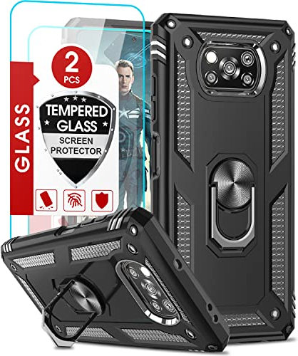 LeYi Schutzhülle für Xiaomi Poco X3 Pro/Poco X3 NFC mit [2 Hartglas], 360 ° drehbarer Halterung, militärischer Schutz, stoßfest, weiches TPU und Hartschale, Schwarz