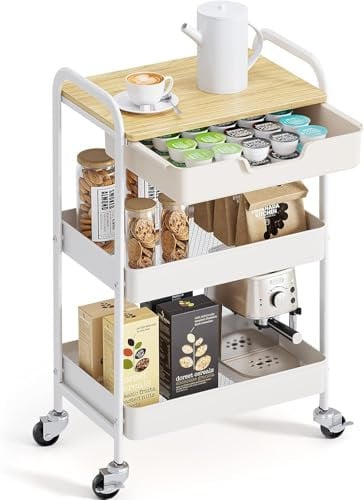 KINGRACK Rolling cart, 3-Tier Utility Storage Trolley with Wooden Board and Drawer (Natural)