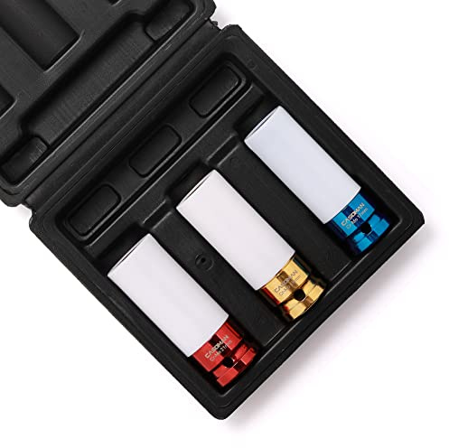 CASOMAN 1/2- Inch Drive Wheel Protector Impact Socket, 1/2 Thin Wall Deep Impact Socket Set Plastic Sleeve Lug Nut, 3 Pieces Set, 6 Point, Metric,CR-MO,17mm,19mm,21mm