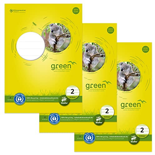 Staufen Green Arbeitsblätterblock - DIN A4, Lineatur 2 (4/4/4mm liniert, farbig hinterlegte Lineatur), 50 Blatt, premiumweißes 80g/m² Recyclingpapier, 3 Stück