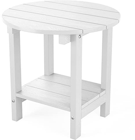 MXIMU Runder Outdoor-Beistelltisch Adirondack-Tische 45,7 cm Stuhlbeistelltische mit Ablage, 2-stöckiger Kunststoff-Terrassen-Beistelltisch, wetterbeständig für Balkon, Hinterhof, Rasen (weiß)