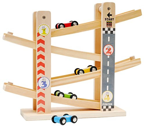 Rampe de Course en Bois Jouet en Bois Haut de Gamme avec 4 Voitures-Coureur de Piste en Bois,Voiture Rampe Jouet pour Garçon Cadeaux Cadeaux d'anniversaire