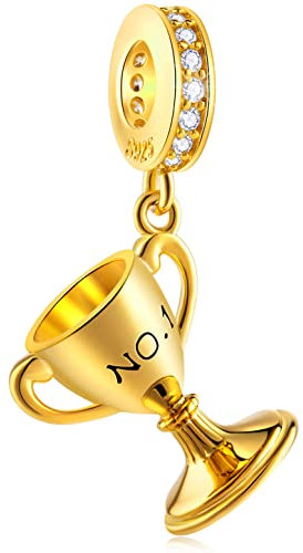 18K Gelb vergoldet Gewinner Trophy Anhänger Charms passen Pandora Sport Goldene Armband, No.1 Champion Award Cup Gold Plated Perlen in 925 Sterling Silber, Geschenke für Enkelin/beste Freunde