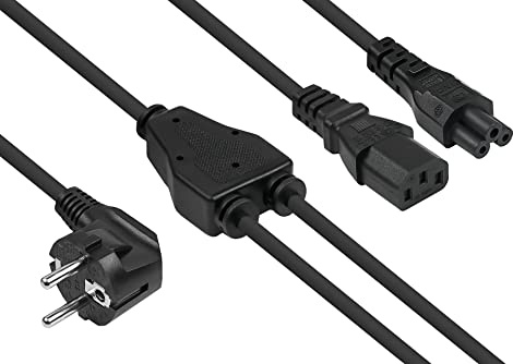 Kabelmeister Y-Netzkabel Schutzkontakt-Stecker Typ E+F (90° gew.) an Buchse C13 und Buchse C5, schwarz, 2m