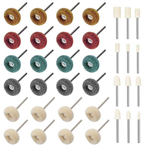 36pcs Wool Felt Scouring Pad Buffing Wheels Set with 3mm Shank, Electric Rotary Tools Polishing Head Set, Abrasive Buffing Attachment for Jewelry Glass Metal Wood Sanding Dusting Polishing