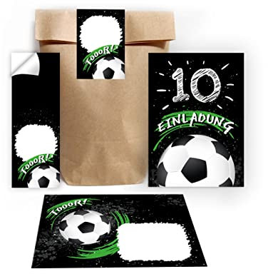 Junapack 12 Einladungskarten zum 10. Kindergeburtstag zehnte Geburtstag Jungen Fussball Fußball incl. 12 Umschläge, 12 Tüten/natur, 12 Aufkleber