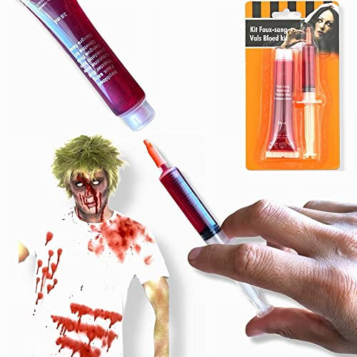 ANTEVIA - Kit de Faux Sang Halloween avec seringue + Recharge | Plus DE 10 MODÈLES | Visage Corp Vêtement Liquide Maquillage (Bloed)