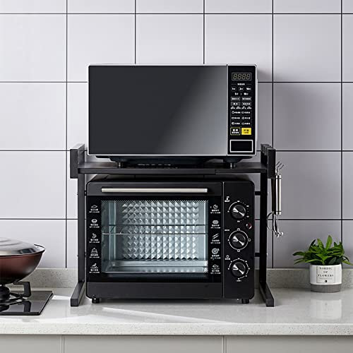 HUOLE Cuisine Micro Ondes Etagere Rangement,Étagère pour Micro-Ondes à 2 Couches - Extensible - pour épices, conserves, Bouteilles, jusqu'à 25 kg (42cm (40-65cm) Noir)